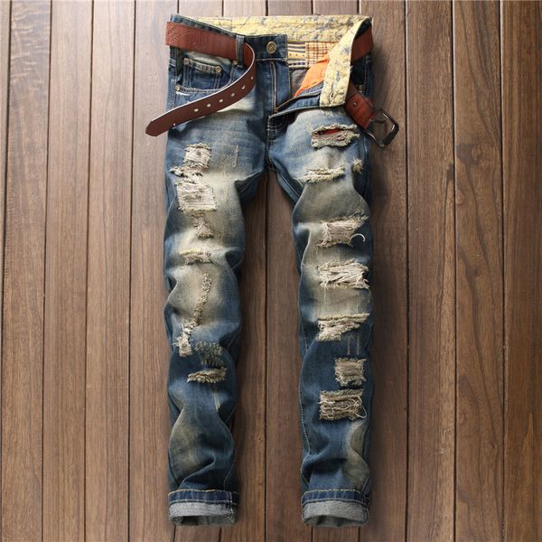 

spring men's cotton punk style straight multi holes spliced jeans good quality new male full length vintage blue denim jeans