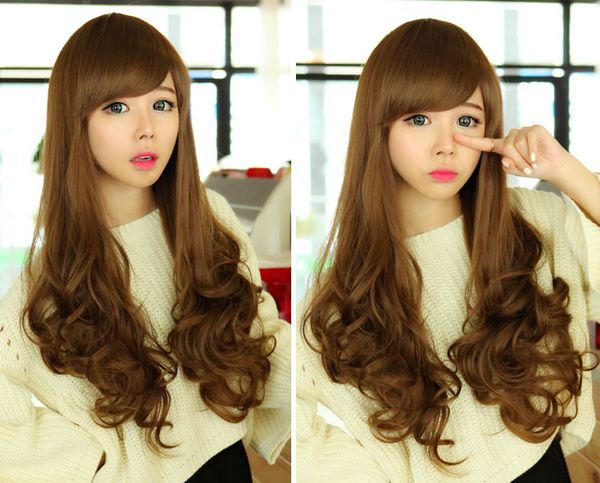 

fashion anime party cosplay lolita womens long full wig curly wavy inclined bang, Black;brown