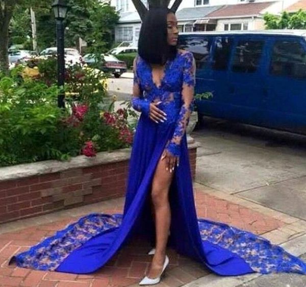 

2018 new special occasion black girls prom party dress a line sheer long sleeves v neck appliques front split plus size