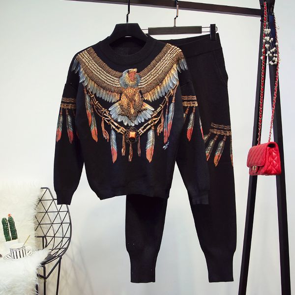 

2018 autumn winter fashion women's retro eagle printing sweater + knitted pants two piece female casual knitting trousers set, Gray