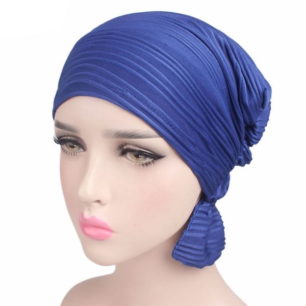 

womens chemo cancer hat beanie headscarf stretch cap pleated muslim turban solid, Blue;gray
