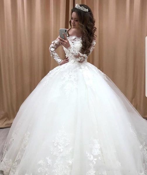 

романтический белый бальное платье свадебные платья 2019 цветы аппликации с длинными рукавами off-the-плечо свадебные платья пухлые халат де, White
