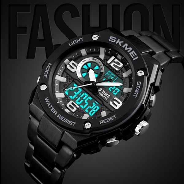 

skmei fashion men watches 3 time alarm chronograph waterproof wristwatches stainless steel straps clock relogio masculino 1333, Slivery;brown