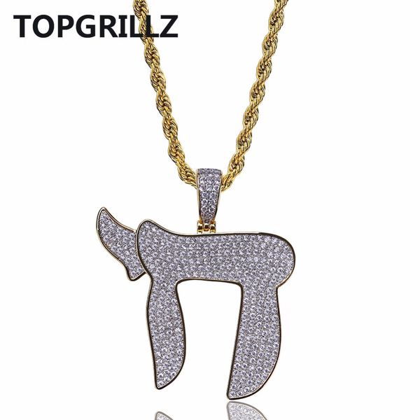 TOPGRILLZ Placcato color oro Iced Out Micro Pave CZ Stone Simbolo ebraico Collana con ciondolo Chai Charms Hip Hop per uomo Donna