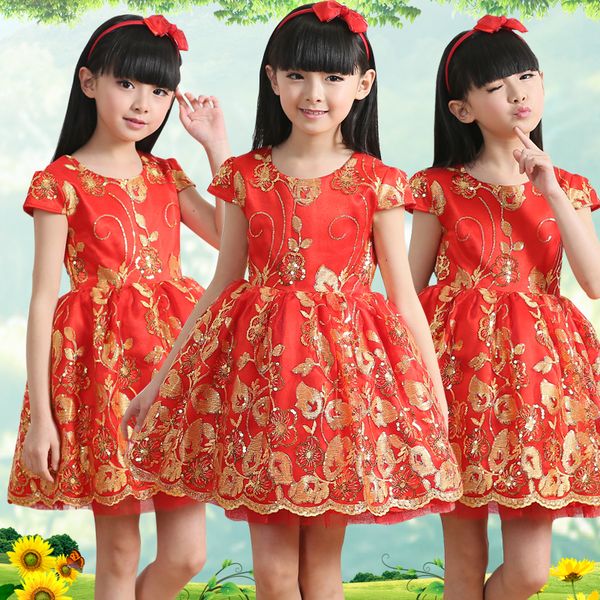 

children's gold embroidered costumes girls princess tutu dress choral performance clothing baby dance clothes quined veil, Black;red