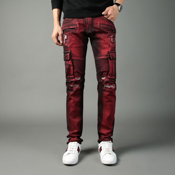 

high street fashion men jeans big pockets denim cargo pants red color slim fit ripped jeans men balbrand biker homme, Blue
