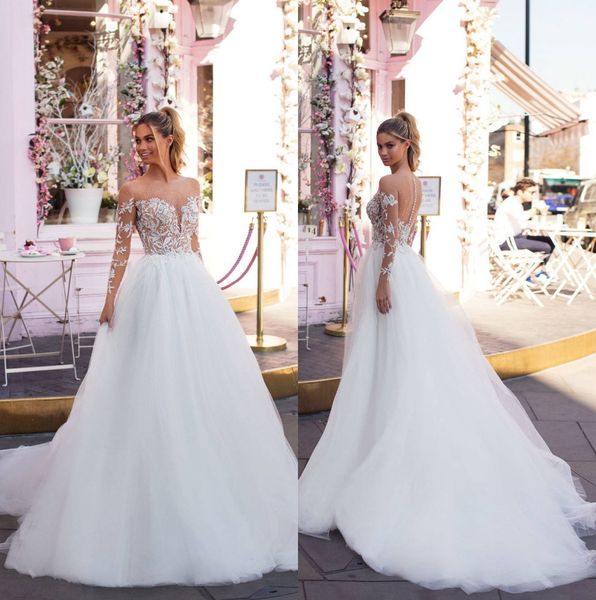

2019 milla nova illu ion long leeve tulle a line wedding dre e lace applique beaded weep train wedding bridal gown