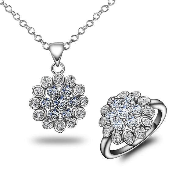 

fashion silver plated round cut cubic zirconia necklace and ring jewelry set