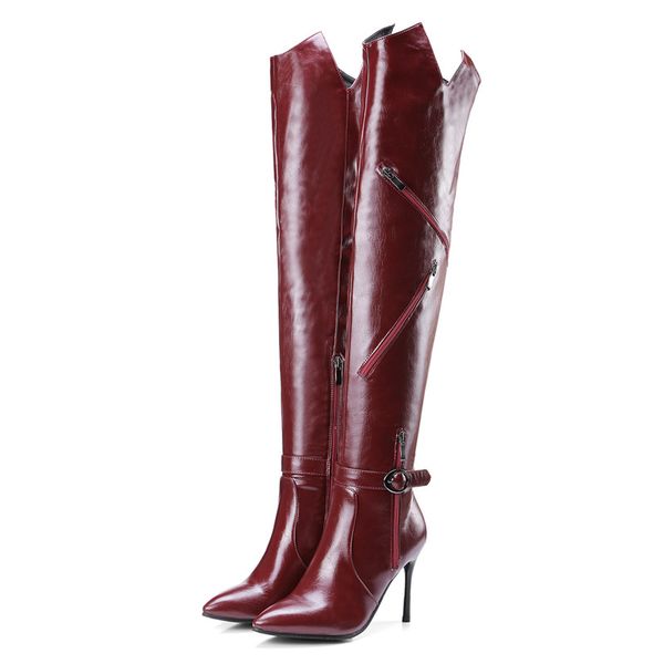 

size33-43 women winter pu leather zips over-the-knee boots lady fashion dress shoes woman 9.5cm high heels shoes black wine red