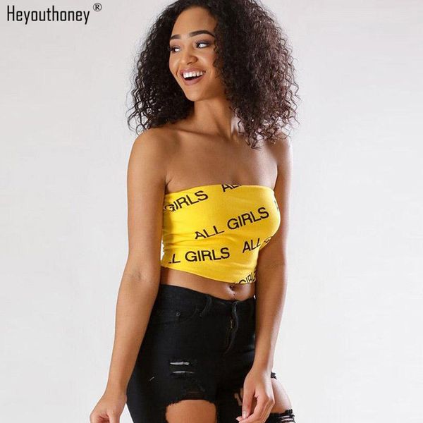 

heyouthoney summer yellow black slash neck letter print women sleeveless bralet bustier strapless crop vest tanks tube, White