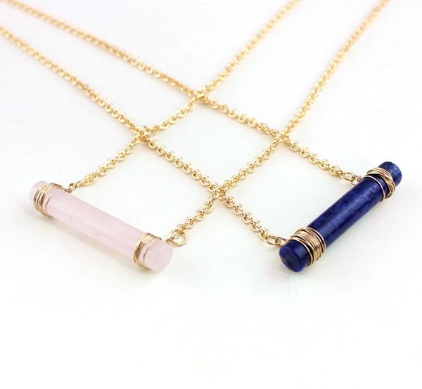 

fashion gold color natural stone geometry pink cylinder statement necklace for women brand jewelry, Silver