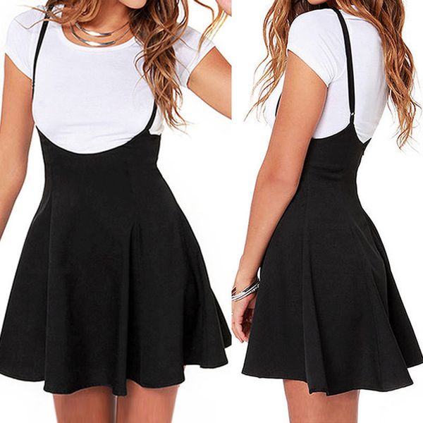 

summer fashion women ladies mini skirt preppy style high waist pure color stretch flared skater swing short suspender skirt, Black