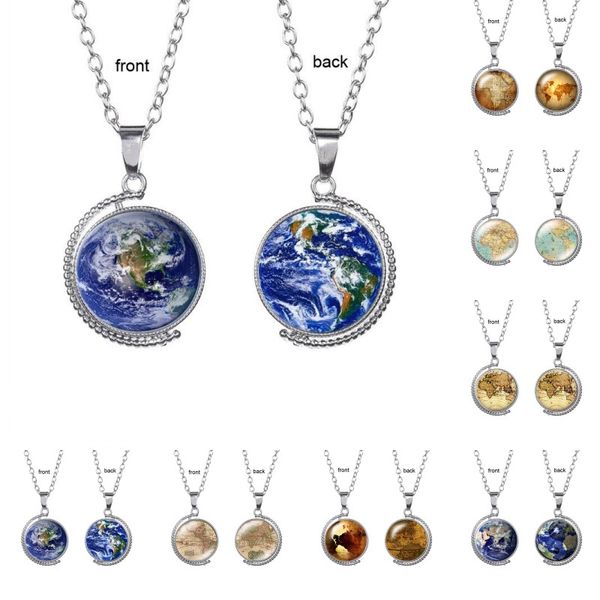 

vintage double sided necklace world map necklaces & pendants jewelry glass cabochon rotatable earth pendant choker for women, Silver