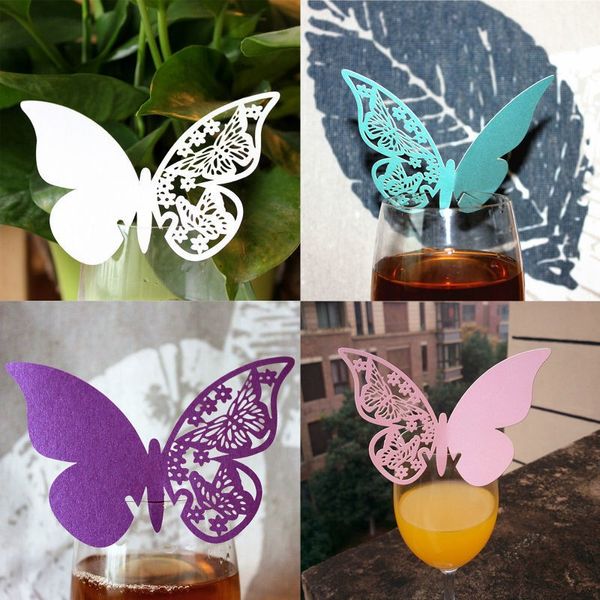 Diy butterfly place escolta copo de vinho copo de papel cartão para festa de casamento decorações para casa branco azul rosa roxo nome cartões