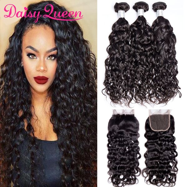 Cheap 8a Brazilian Water Wave Hair 3 Bundles With Closure Peruvian