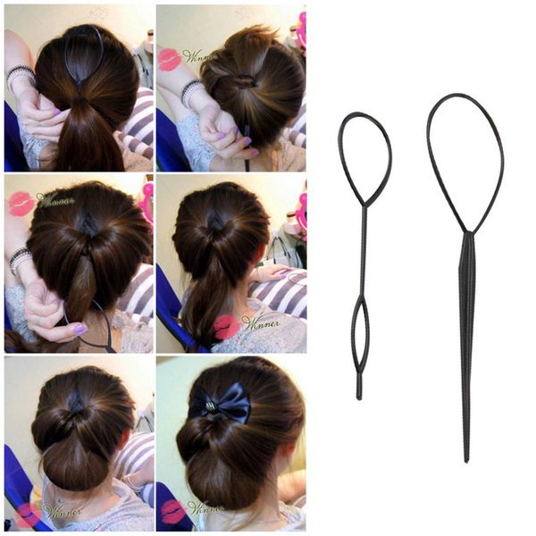 

1 pair 2 pcs hair braid maker ponytail creator plastic loop styling tools black y pony tail clip styling tool, Brown