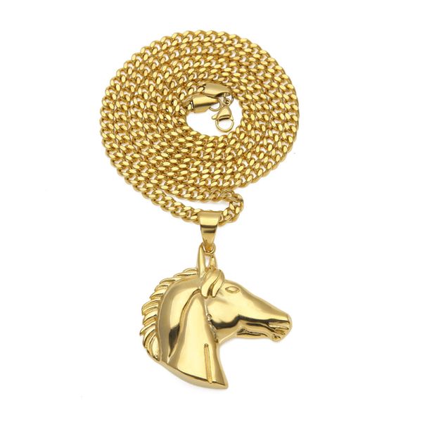 

hip hop stainless steel horse head pendant necklace jewelry gold chain for men women, Silver