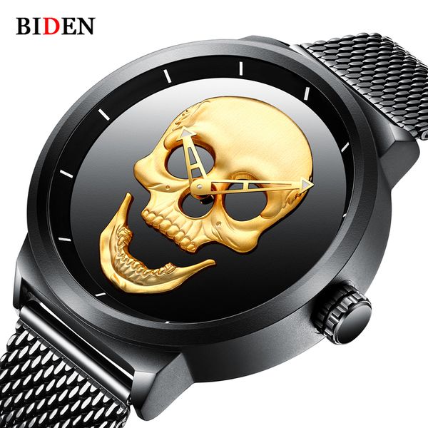 

2018 cool punk 3d skull men watch biden steel gold black vintage quartz male watches sport clock relogio masculino, Slivery;brown