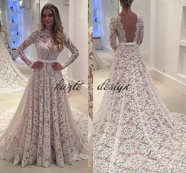 

long sleeves vintage lace wedding dresses 2018 arabic sheer bateau neck backless a line sweep train church bridal gowns robe de soiree, White