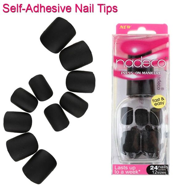 

24pcs self-adhesive full cover matte black fake nail polish tips pure color pre-glued acrylic nail false french manicure rcp-06, Red;gold