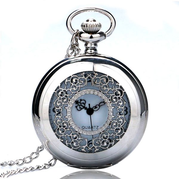 

silver half hollow flowers numbers display dial retro quartz fob pocket watch men women antique clocks reloj de bolsillo, Slivery;golden