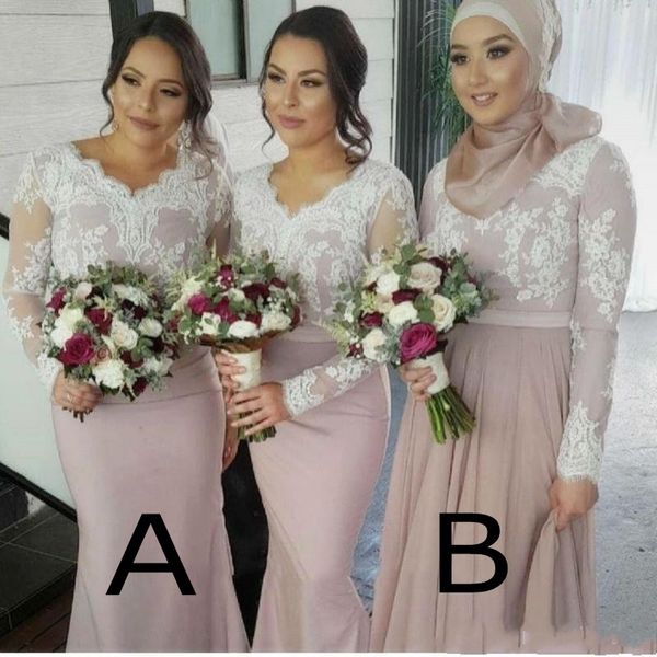Последние мусульманские новые русалочные кружевные аппликация v Шея атласные платья с длинными рукавами дешевые для свадебных платьев подружки невесты