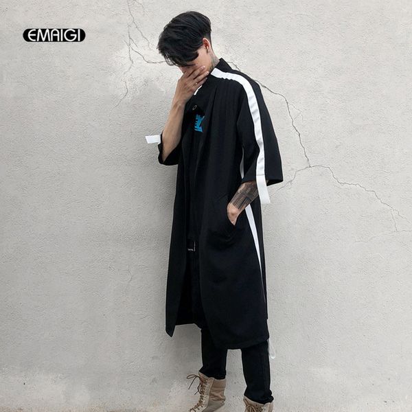 

men long style loose casual cardigan shirt coat male high street fashion punk hip hop half sleeve shirts jacket stage costumes, White;black