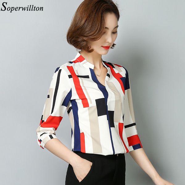 

women shirt long 3/4 sleeve office blouse striped 2018 spring autumn 3d print ladies shirt fashion clothing female #701, White