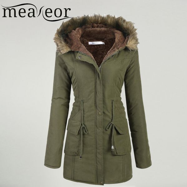 

meaneor women's winter coat 2017 casual faux fur hooded warm drawstring waist slim coat fleece lined parka female pocket, Black