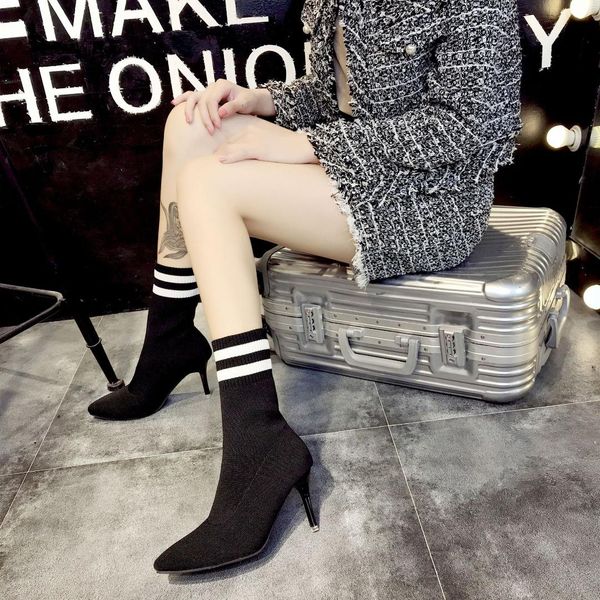 

boots women 2018 autumn and winter new long-sleeved high-heeled striped knitted wool socks boots elastic, Black