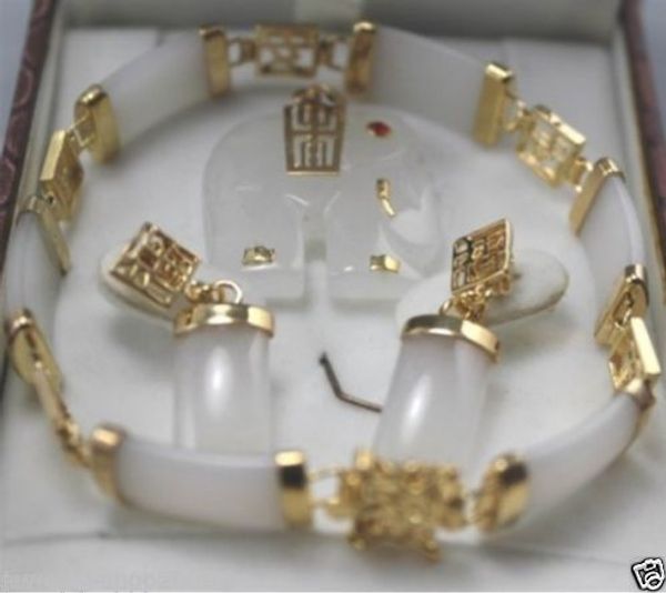

jewelry white jade pendant necklace earring bracelet set+ chain, Black