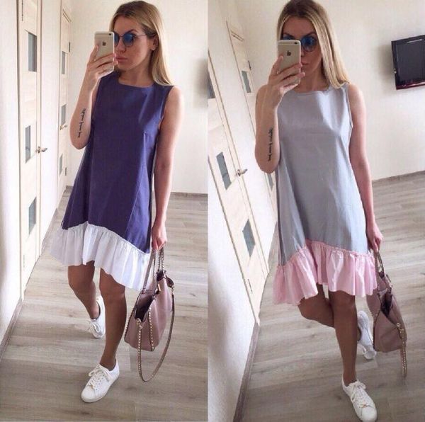 

2018 new fashion women summer dress loose patchwork flounced fishtail pendulum sleeveless women dresses, Black;gray