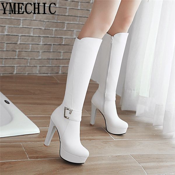 

ymechic white black buckle knight high heel women boots platform ladies shoes plus size footwear mid calf high riding boots bota