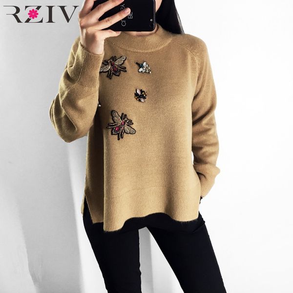 

rziv spring 2018 women sweater casual female pullovers beading decoration solid color sweater knitted loose style, White;black