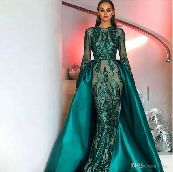 

2019 amazing prom dresses lace sequin long sleeves detachable train evening gowns vestidos de festa custom made formal party dress, Black
