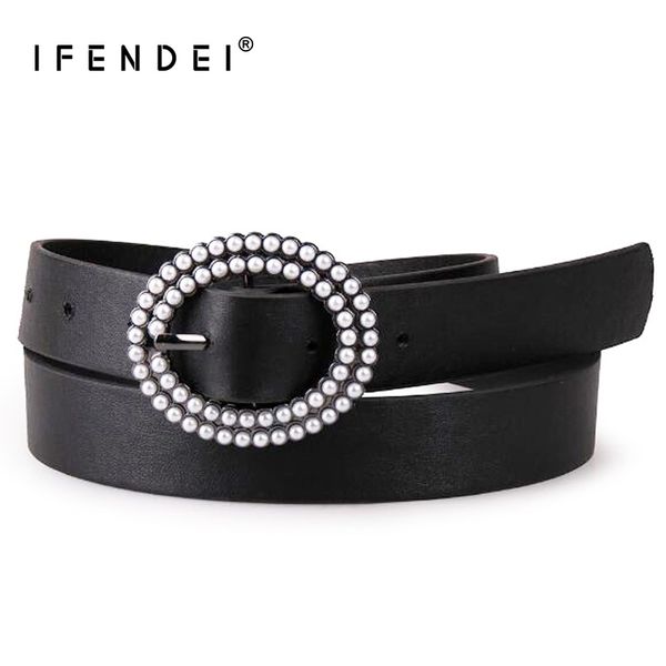 

ifendei women's belt for jeans black pu leather casual waist belts ladies' pearls pin buckle design strap for female jean, Black;brown
