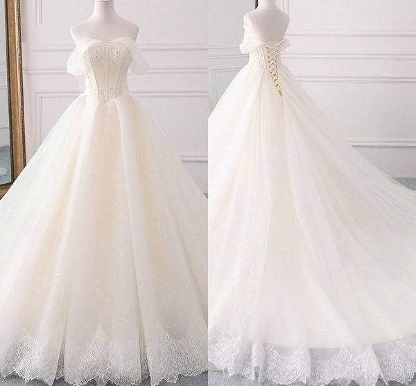 

champagne off the shoulder wedding dresses ball gowns 2019 vintage style lace draped bandage princess wedding dress bridal gowns 2019, White