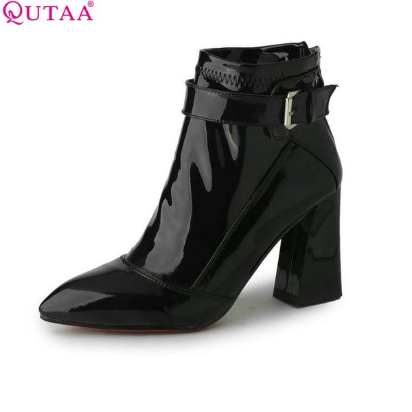 

qutaa burgundy pointed toe pu patent leather women shoes zipper square high heel ankle boots women motorcycle boot size 34-43, Black