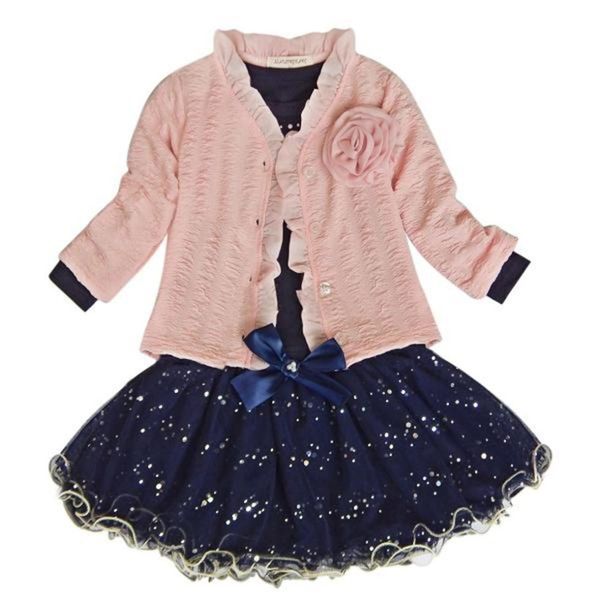 

baby girls coat+t-shirt+skirt dress tutu party set suit pink clothes fashion, White