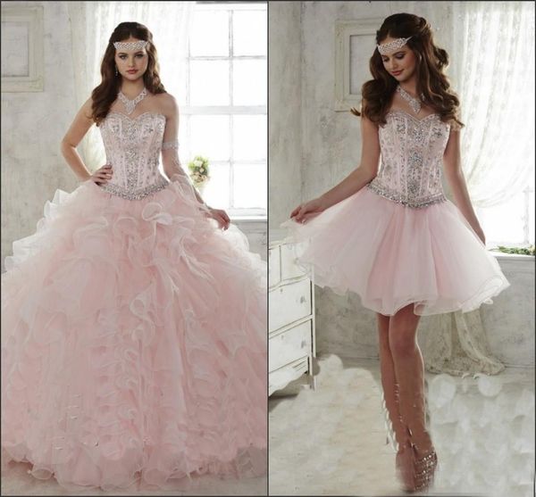 

sweet 16 pink quinceanera dresses with detachable skirt 2020 crystal beaded sweetheart corset ruffled sweet 15 girls masquerade gowns