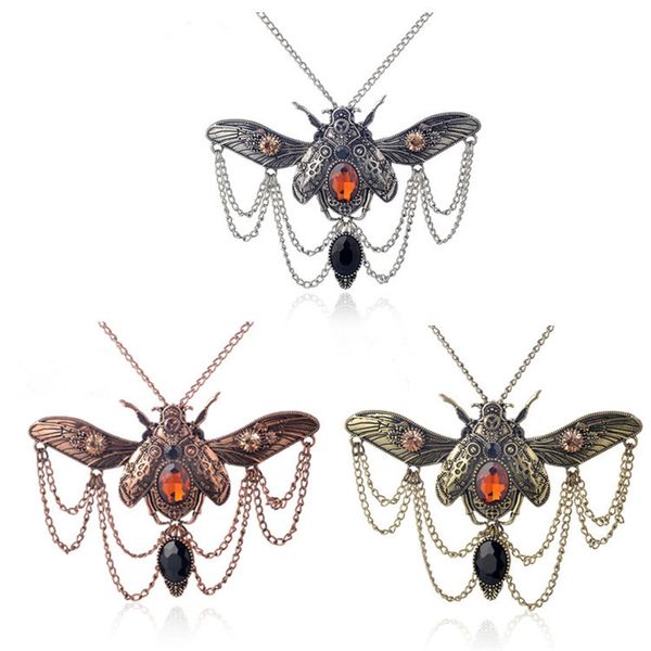 

steampunk statement necklace plated antique bronze chain link pendants ladybug animal bronze black orange rhinestone vintage, Silver