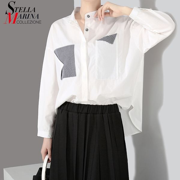 

new 2018 korean style women black white shirt blouse irregular pockets long sleeve girls oversied speical feminine shirts 7150