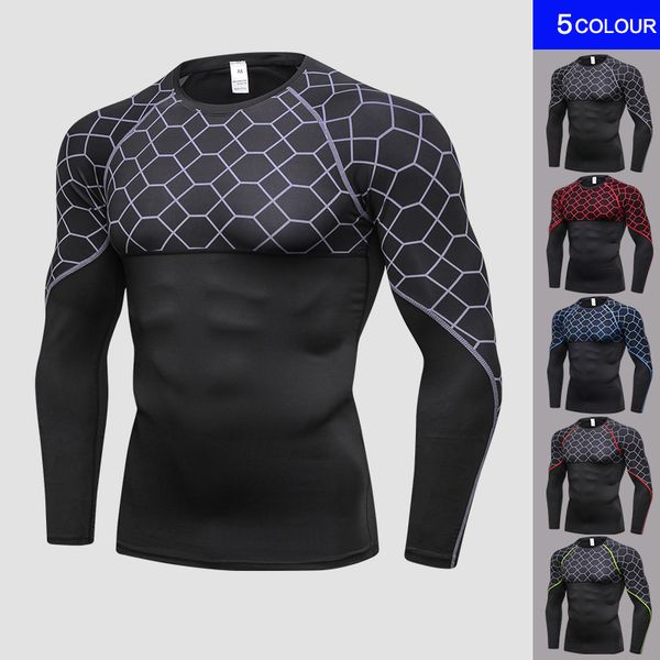 

yel quick dry running t shirt men fitness tight sport shirt men gym clothing bodybuilding rashgard men's t for sporting, Black;blue