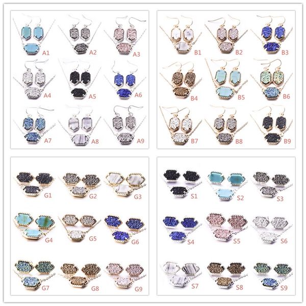 

4styles 10 цветов drusy druzy серьги ожерелье серебряный позолоченный геометрия камень серьги ожерелья для женщин, Silver