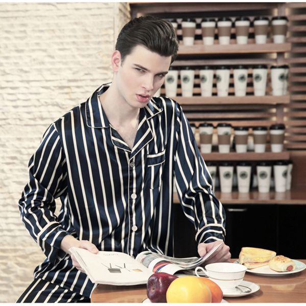 

2018 new luxurious men stain silk pajama set black and white stripes sleepwear long sleeve and pants home clothes male casual, Black;brown