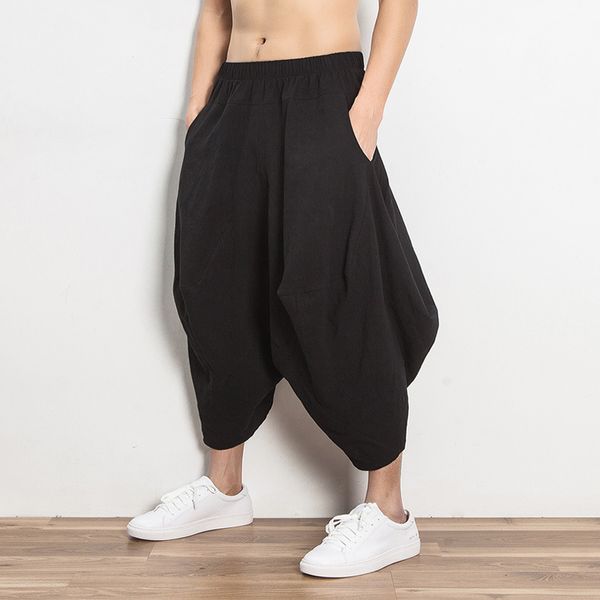 

2018 japan harajuku loose linen cotton haren pants wide leg hanging crotch pants low crotch trousers y332, Black
