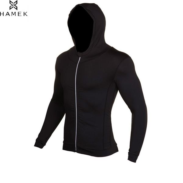 

wholesale-hamek 2017 men running jackets sweaters compression tights outdoor sports basketball gym fitness hooded jacket reflective zipper, Black;red