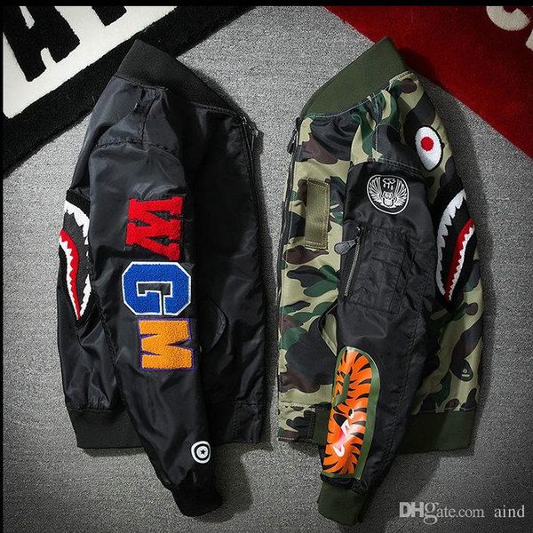 

sell super ma1 bomber camouflage shark jackets apes hoodie clothes black hood by air men outerwear parka coats men's clothing, Black;brown