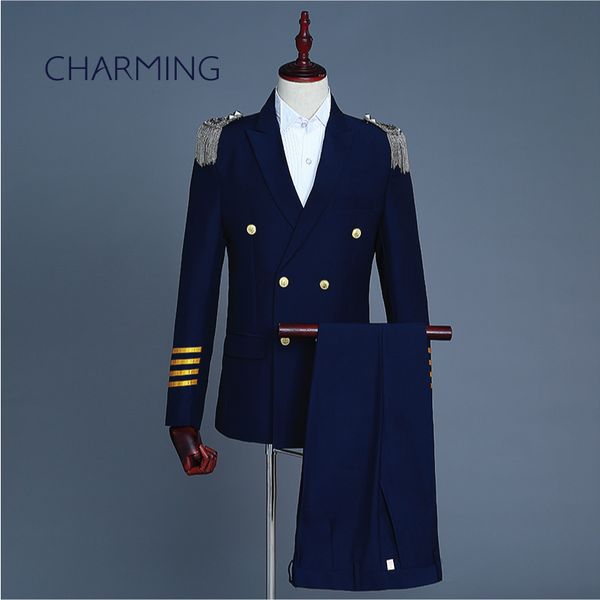 

buy mens suits tassel epaulet captain costume double breasted set dress suitable for wedding host singers men's 2 piece suits (jacket p, Black;gray
