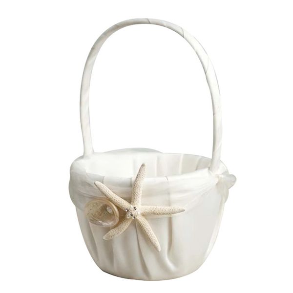 

wedding beach themed ivory flower girl basket with sea star and seashell